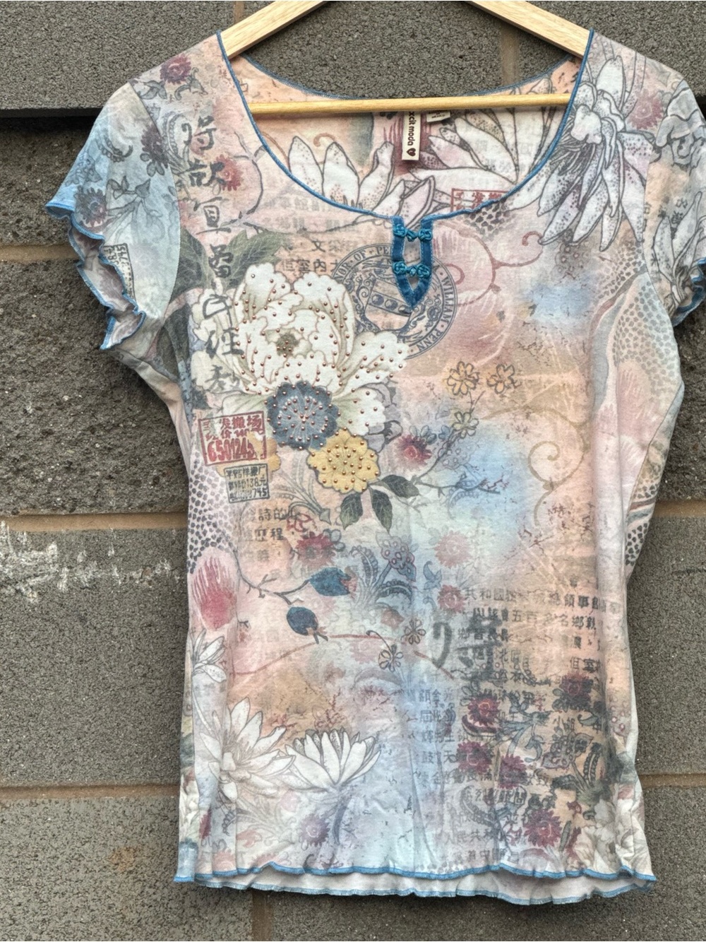 Women’s Vintage Y2K Xcit Moda Floral Fairy Grunge Blue Lettuce Edge Shirt Large